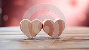 Close up of two blush Hearts on a wooden Table. Blurred Background