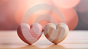 Close up of two blush Hearts on a wooden Table. Blurred Background