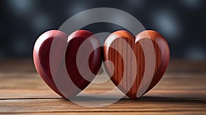 Close up of two burgundy Hearts on a wooden Table. Blurred Background