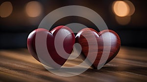 Close up of two burgundy Hearts on a wooden Table. Blurred Background