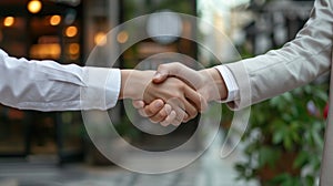 Close up of two business men shaking hands as a agreement in front of a restaurant