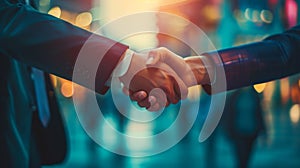 Close up of two business men shaking hands as a agreement outdoors in the city downtown , office area