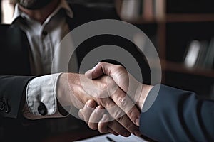 Close up of two business people shaking hands at meeting in office, Businessman shaking Hand With job candidate, AI Generated