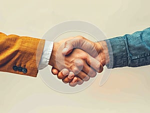 Close up of two businessmen shaking hands over white background with copy space Generative AI
