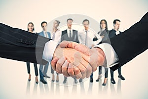 Close up of two businessmen shaking hands with their diverse blurry colleagues in the background. Concept of business partnership