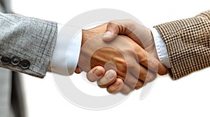 Close-up of two businesspeople shaking hands in office. AI Generated.