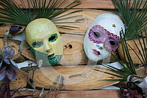 Close up of two carnival mask in the center of Castiglion Fibocchi