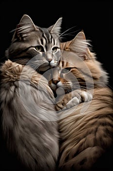 Close Up of two cats hugging each other on a black dark background. Cute pets. Advertising photo as a template.