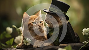 A close up of two cats sitting next to each other, AI