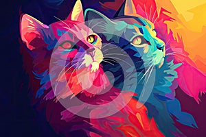 Close-up of two colorful cats looking up, abstract illustration