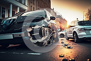 Close-up of two crashed cars in the city, ai generative illustration
