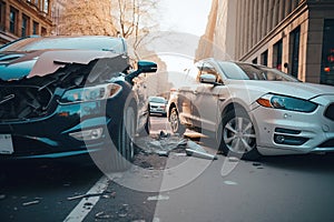 Close-up on two crashed cars in the city, ai generative illustration