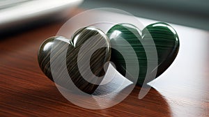 Close up of two dark green Hearts on a wooden Table. Blurred Background