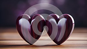 Close up of two dark purple Hearts on a wooden Table. Blurred Background