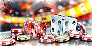 A close up of two dice and a pile of chips