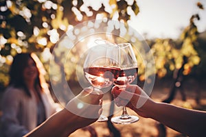 Close-up of two female friends clinking glasses with red wine in vineyard, Blurred image of friends toasting wine in a vineyard in