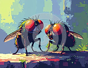 Close-up of Two Flies with Red Eyes on Surface