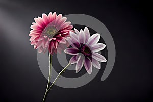A Close Up Of Two Flowers On A Black Background With A Gray Background And A Pink And Purple Flower In The Middle. Generative AI