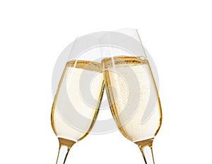 Close-up of two glasses of Champagne clinking together. Isolated on white background.