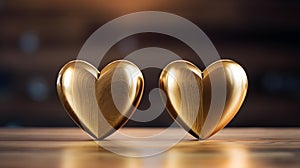 Close up of two gold Hearts on a wooden Table. Blurred Background