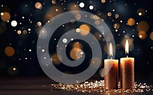 Close up of two golden burning candles on the wooden table with sparkling glitter. Blurred Christmas light background