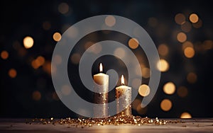 Close up of two golden burning candles on the wooden table with sparkling glitter. Blurred Christmas light background