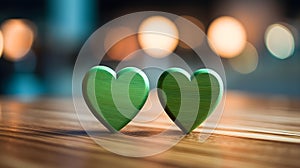 Close up of two green Hearts on a wooden Table. Blurred Background