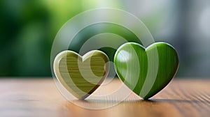 Close up of two green Hearts on a wooden Table. Blurred Background