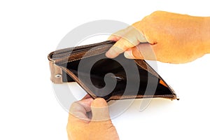 Close up two hand opened empty old brown leather wallet isolated on white background.