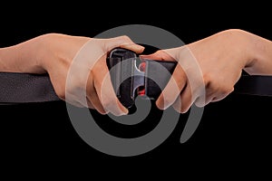 Close up two hand use safety belt