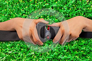 Close up two hand use safety belt