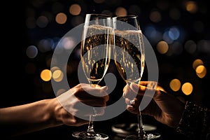Close up of two hands clinking glasses of champagne with bokeh background, Hands of couple with flutes of champagne and their