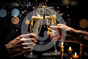 Close-up of two hands clinking glasses of champagne with bokeh background, Hands of couple with flutes of champagne and their