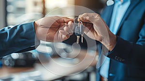 Close-up of two hands exchanging car keys. Concept of vehicle purchase, ownership transfer. Symbol of a new car