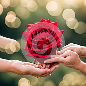 a close up of two hands gently holding a single perfect red rose against