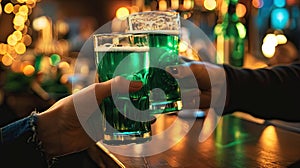 close-up of two hands greeting each other with mugs of green beer in a pub. Celebrating St. Patrick's Day in an Irish pub.