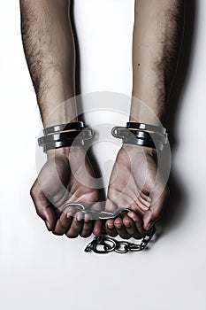 Close-up of two hands tied to handcuffs that are snapped in half representing freedom, racism, black lives matter, white