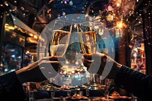 Close up of two hands toasting with champagne glasses over Christmas lights background, Hands of couple with flutes of champagne