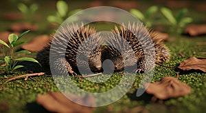 Two Hedgehogs Interacting on Forest Floor in Natural Habitat