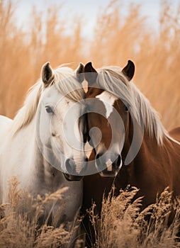 Close-up of Two horses in a autumn dry grass