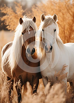 Close-up of Two horses in a autumn dry grass