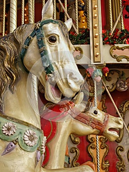 Close up of two horses on the carousel at Le Pradet, France