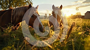 Close-up of Two horses grazing in the meadow at sunset