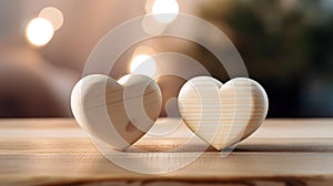 Close up of two ivory Hearts on a wooden Table. Blurred Background