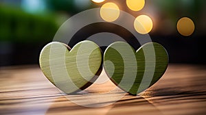 Close up of two khaki Hearts on a wooden Table. Blurred Background