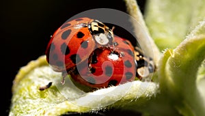 Close-up of two ladybugs making love in nature