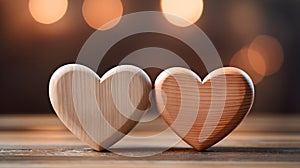 Close up of two light brown Hearts on a wooden Table. Blurred Background