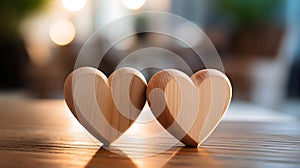 Close up of two light brown Hearts on a wooden Table. Blurred Background