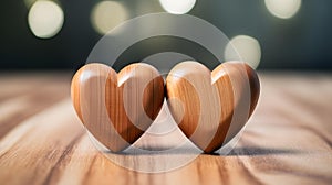 Close up of two light brown Hearts on a wooden Table. Blurred Background