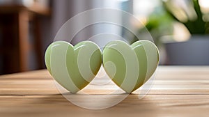 Close up of two light green Hearts on a wooden Table. Blurred Background